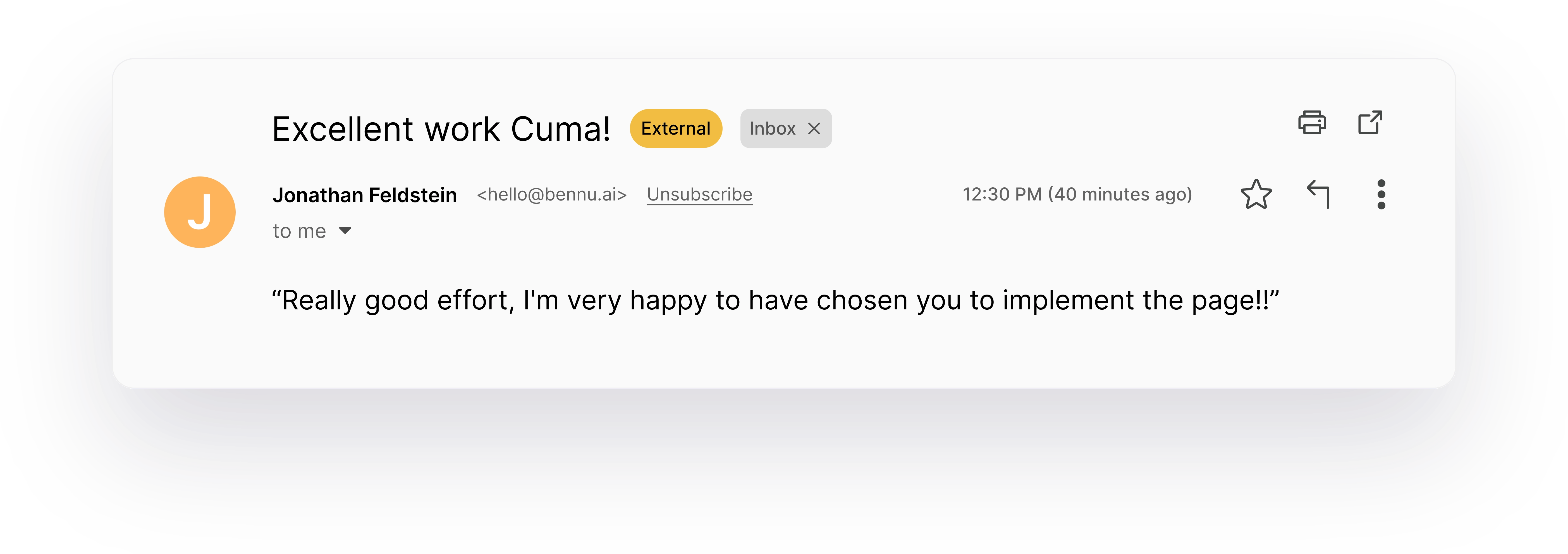 Email interface showing a client's reaction message from the Bennu.ai website.