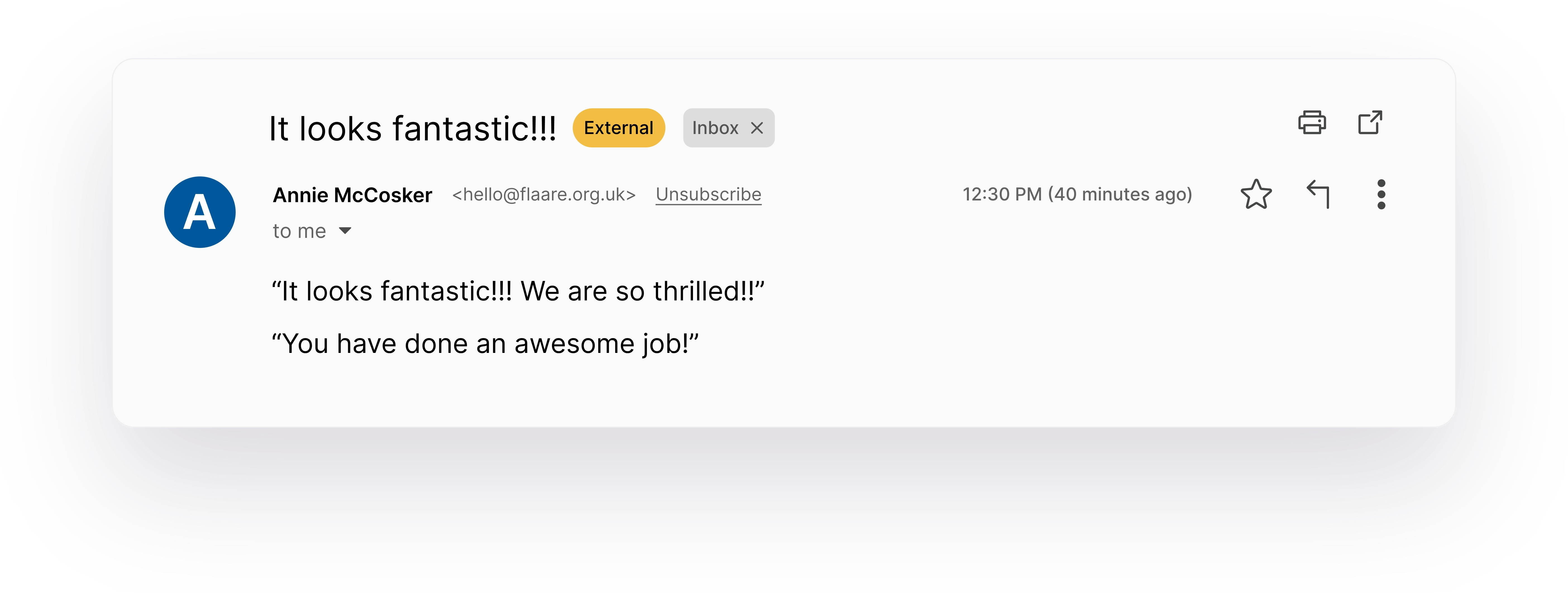 Email interface showing a client's reaction message from the Flaare website.