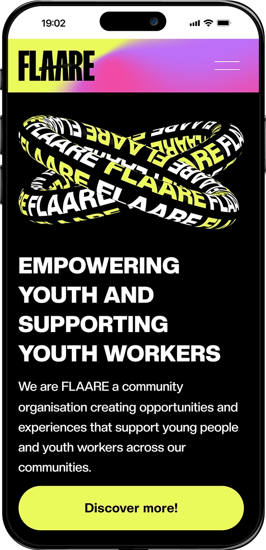 Website homepage showcasing the Flaare community organisation modern website