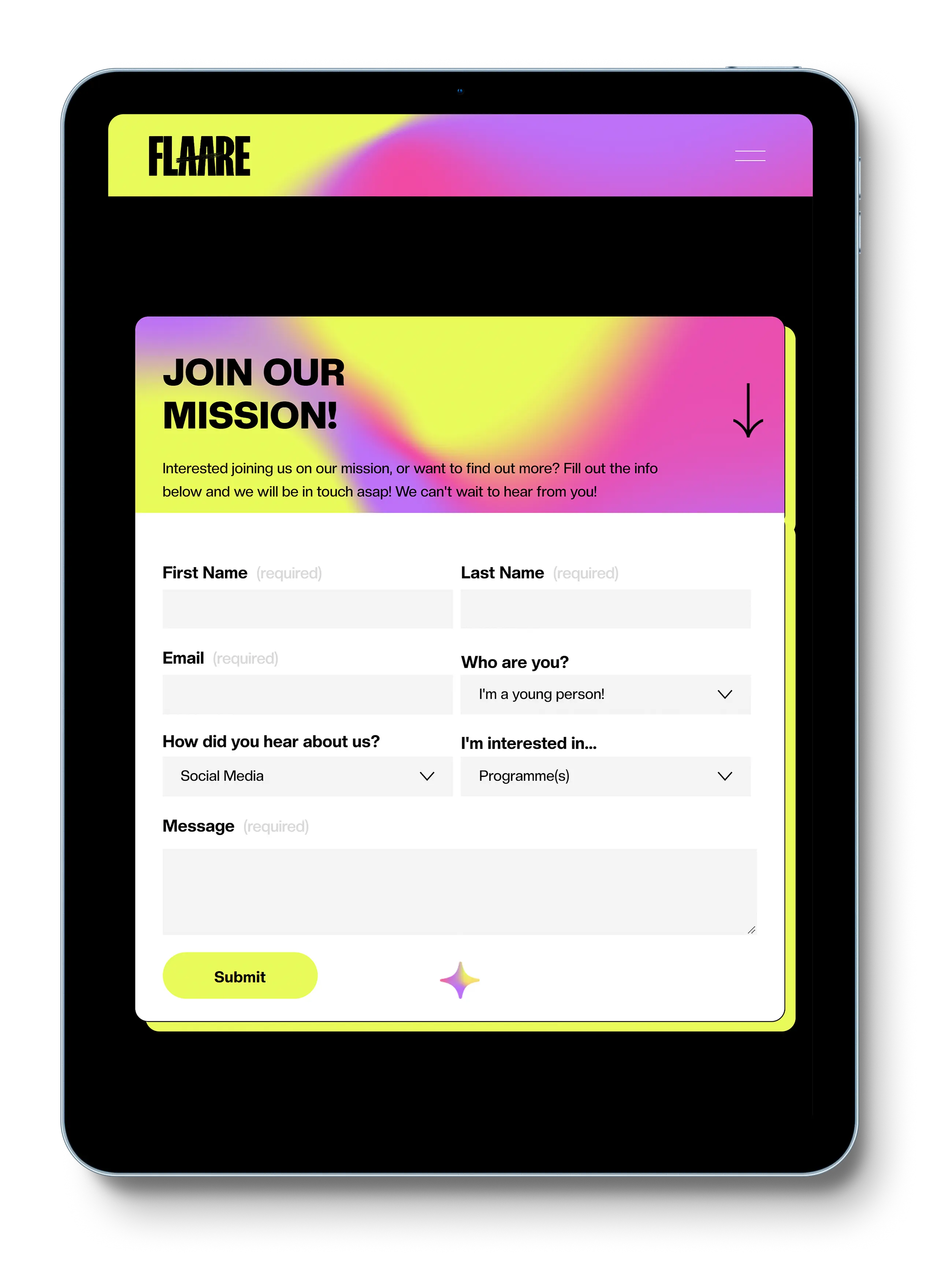 Website homepage showcasing the Flaare community organisation modern website