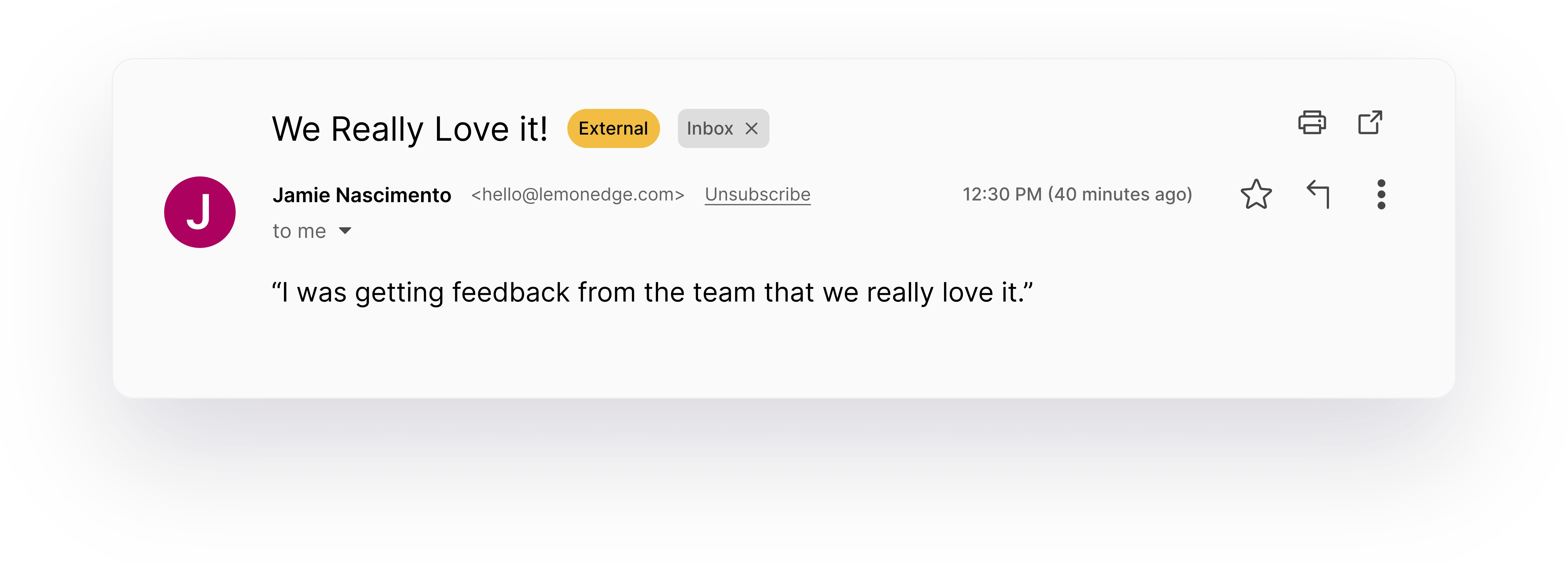 Email interface showing a client's reaction message from the LemonEdge website.