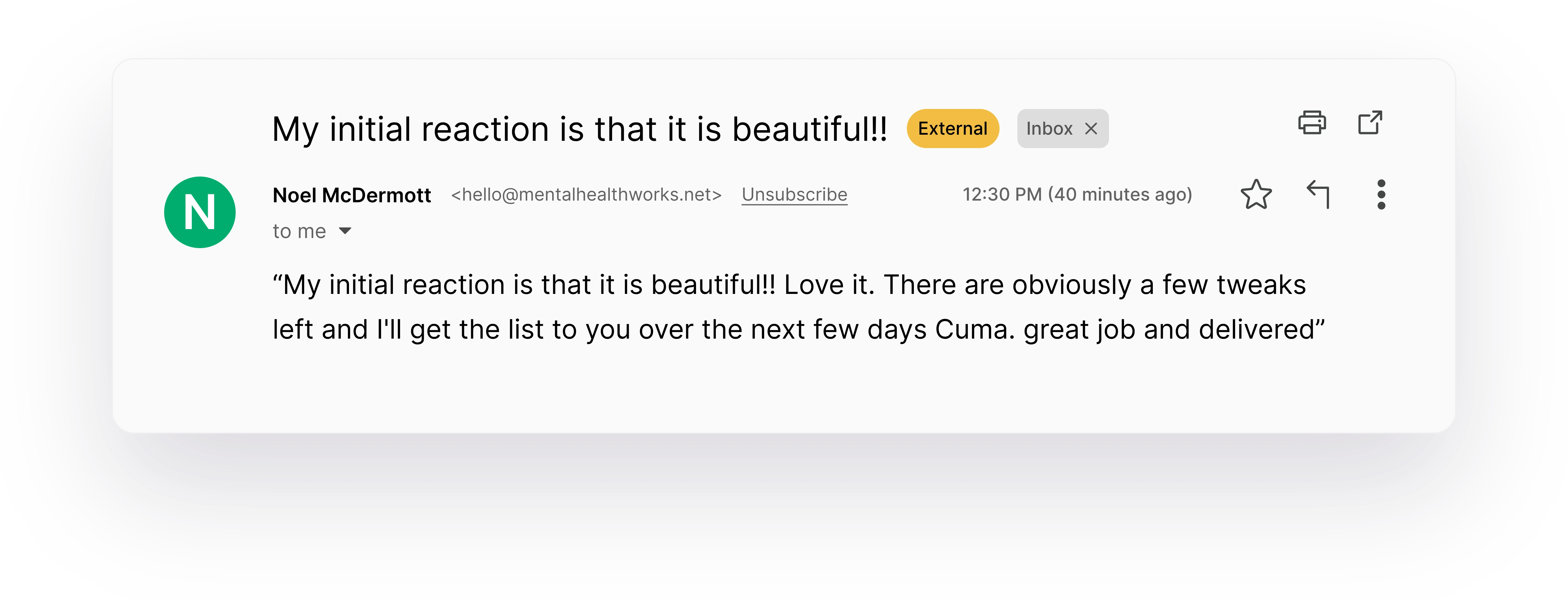 Email interface showing a client's reaction message from the Mental Health Works website.