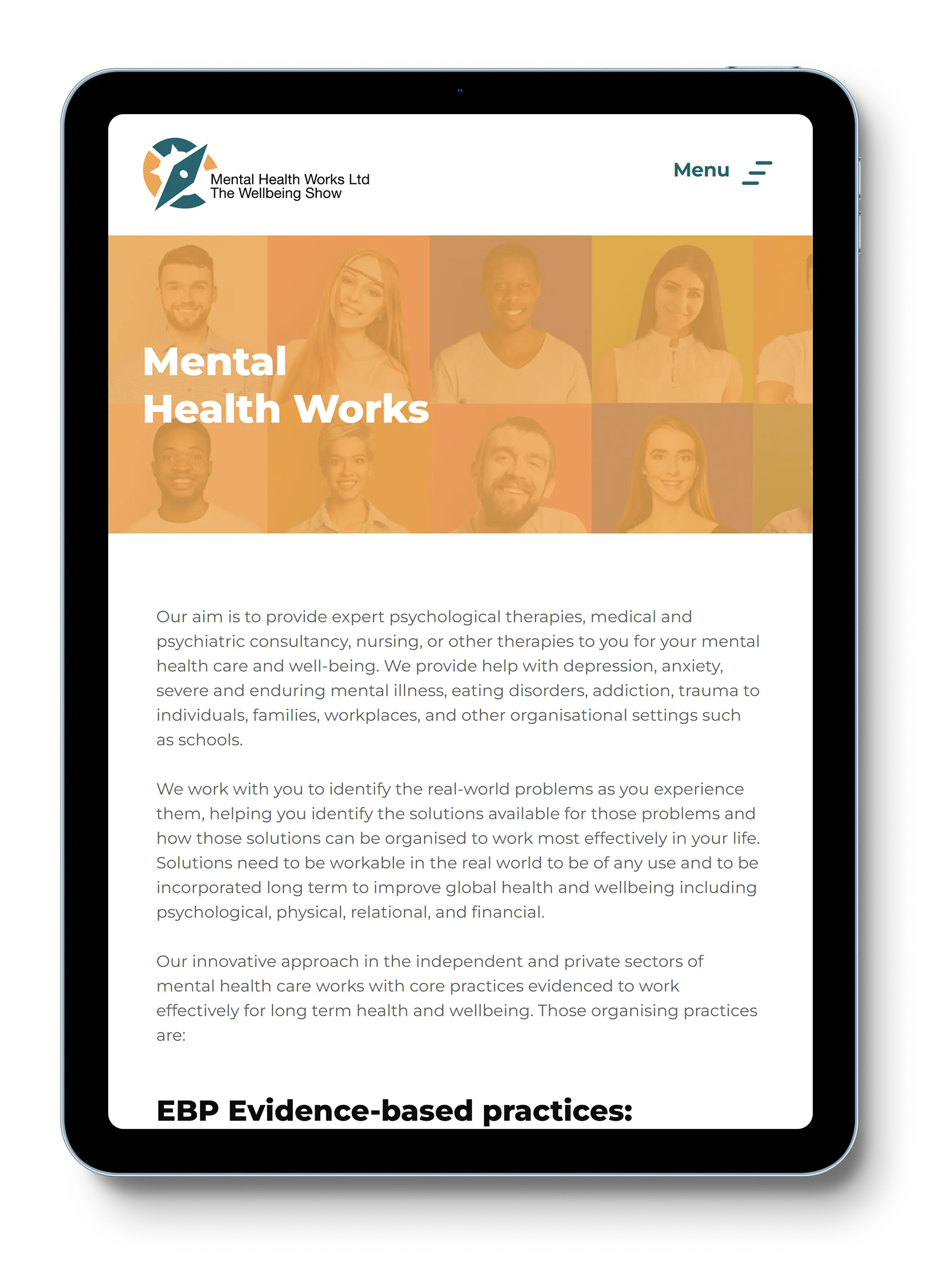 Website homepage showcasing the tablet version of the Mental Health Works website