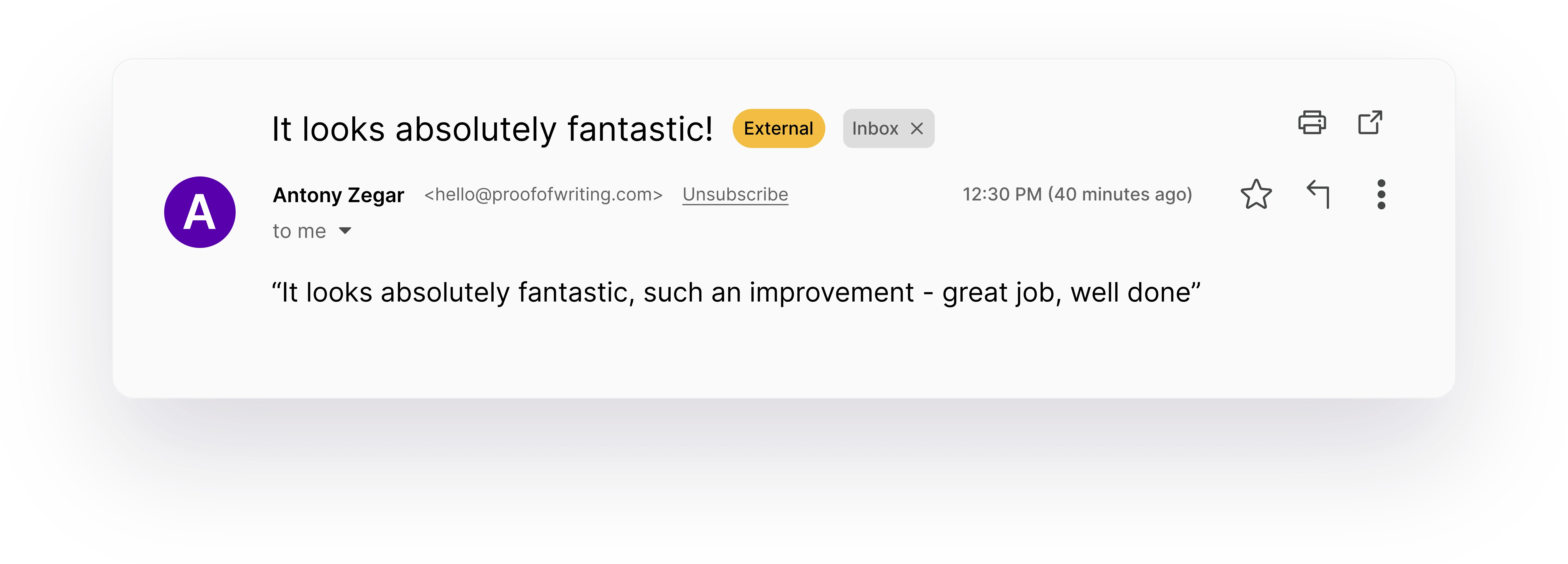 Email interface showing a client's reaction message from the ProofofWriting website.