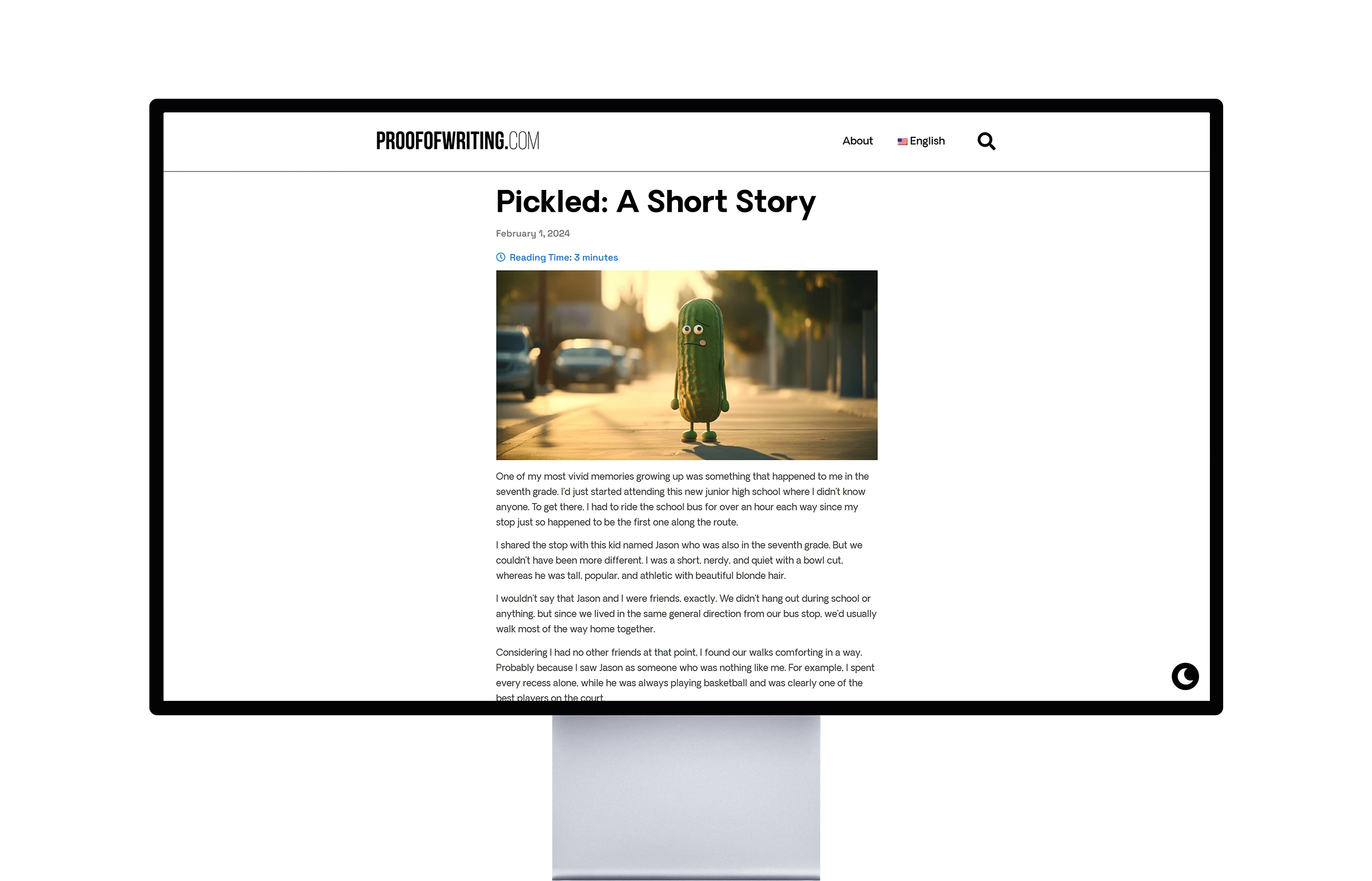 Desktop monitor displaying the ProofofWriting website, highlighting its user-friendly interface and engaging visuals