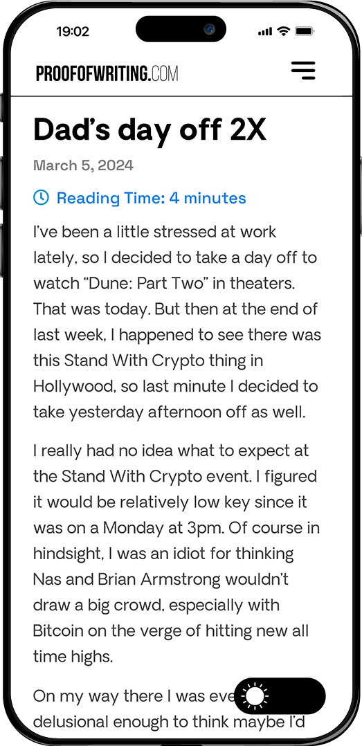 Website homepage showcasing the mobile version of the ProofofWriting website