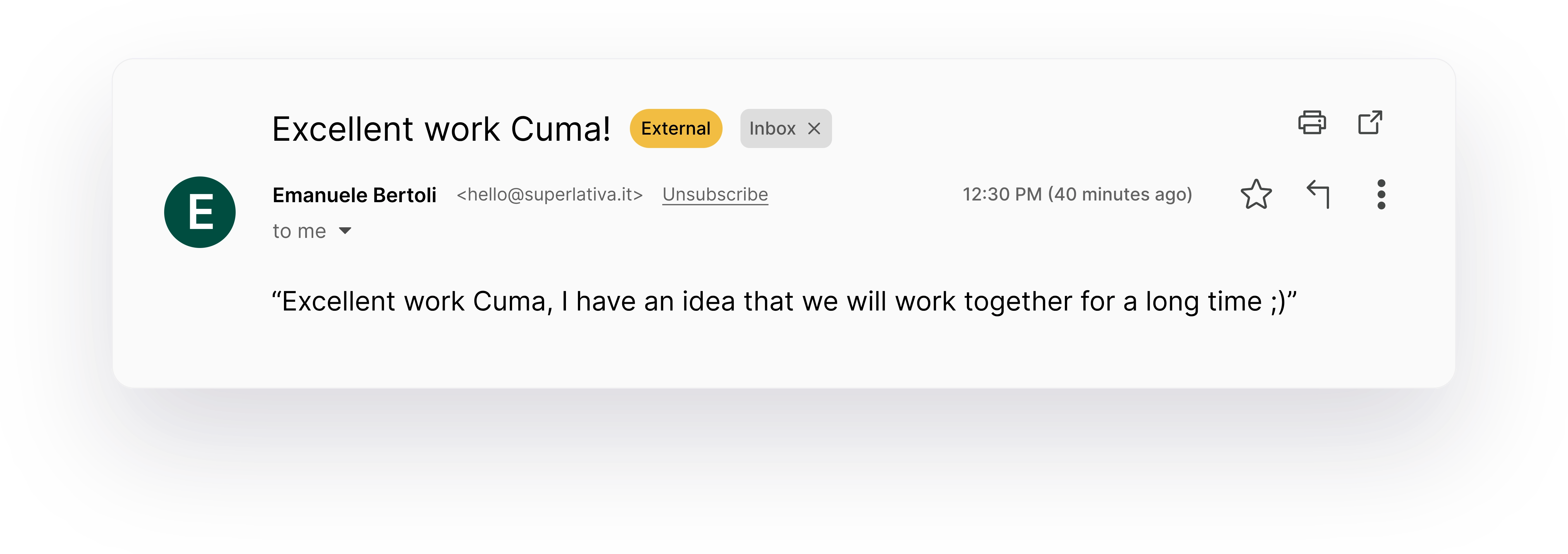 Email interface showing a client's reaction message from the Superlativa website.