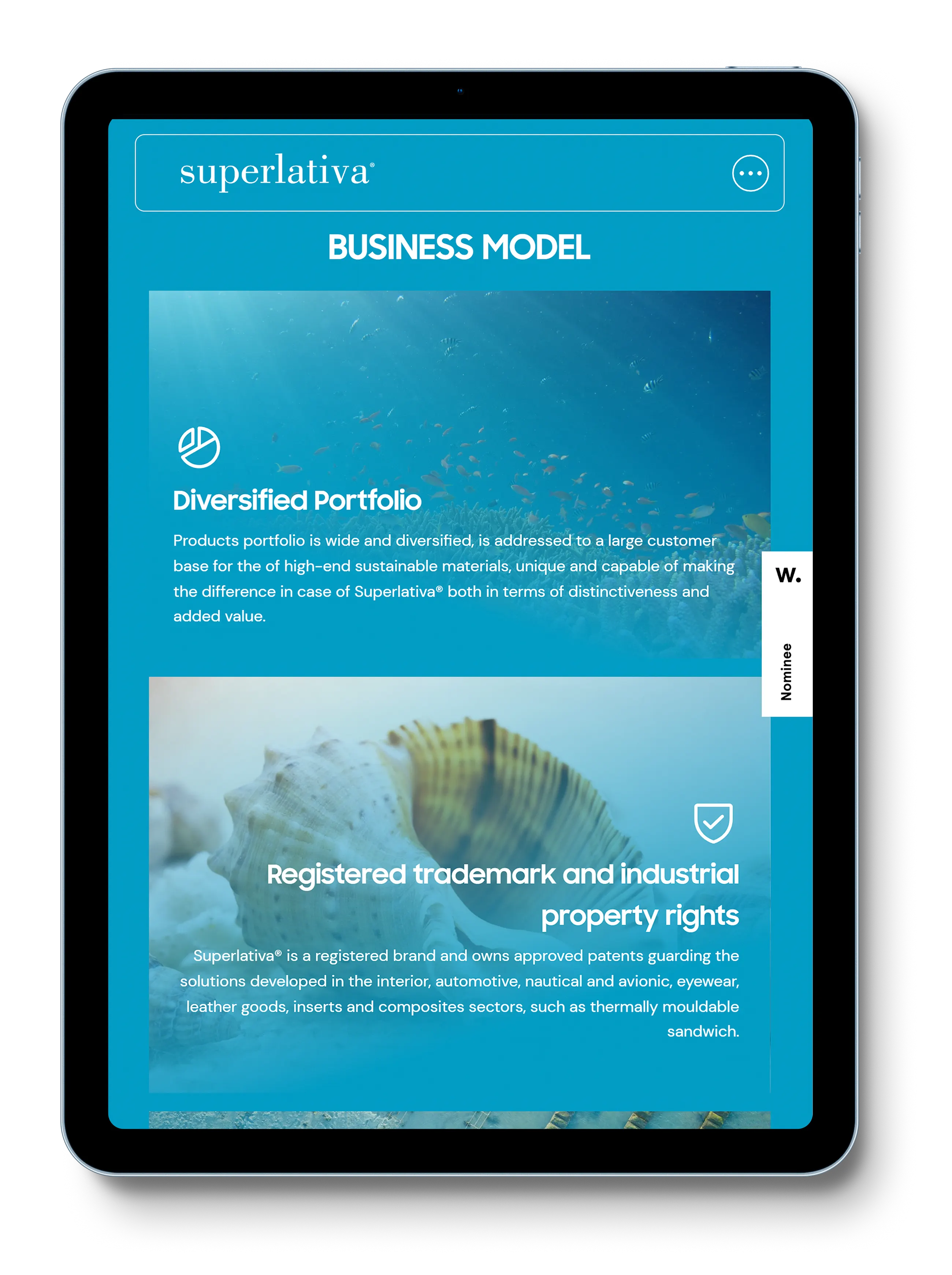 Website homepage showcasing the tablet version of the Superlativa website