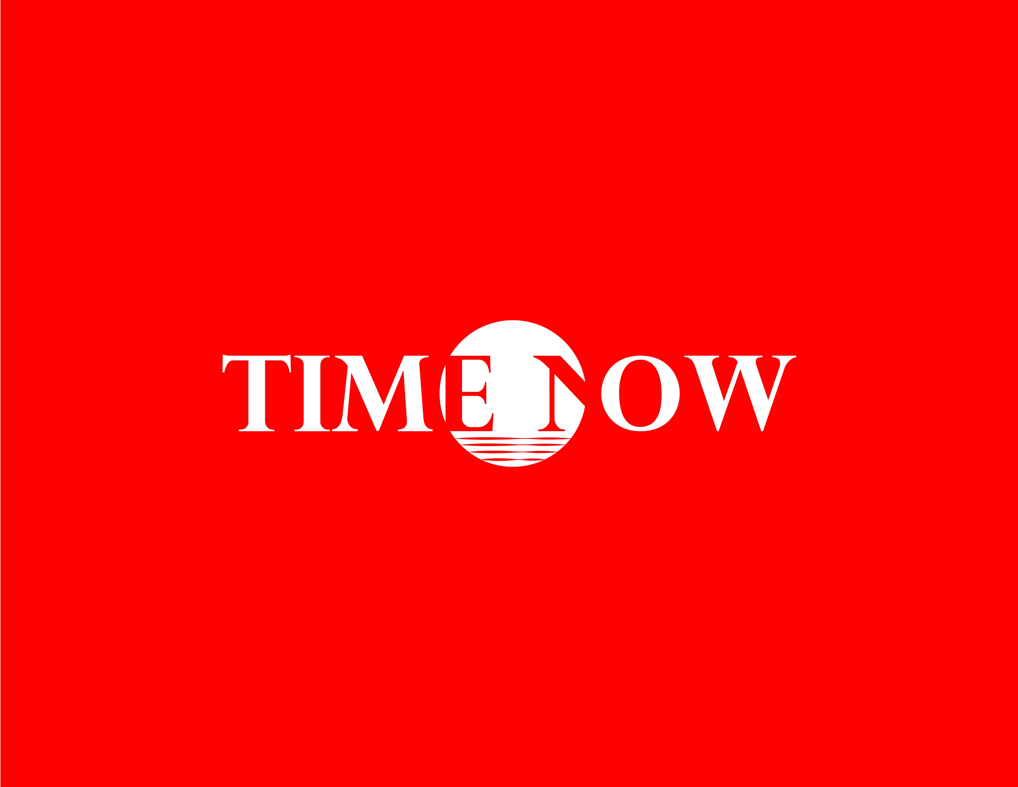 A striking red background featuring the Time Now logo