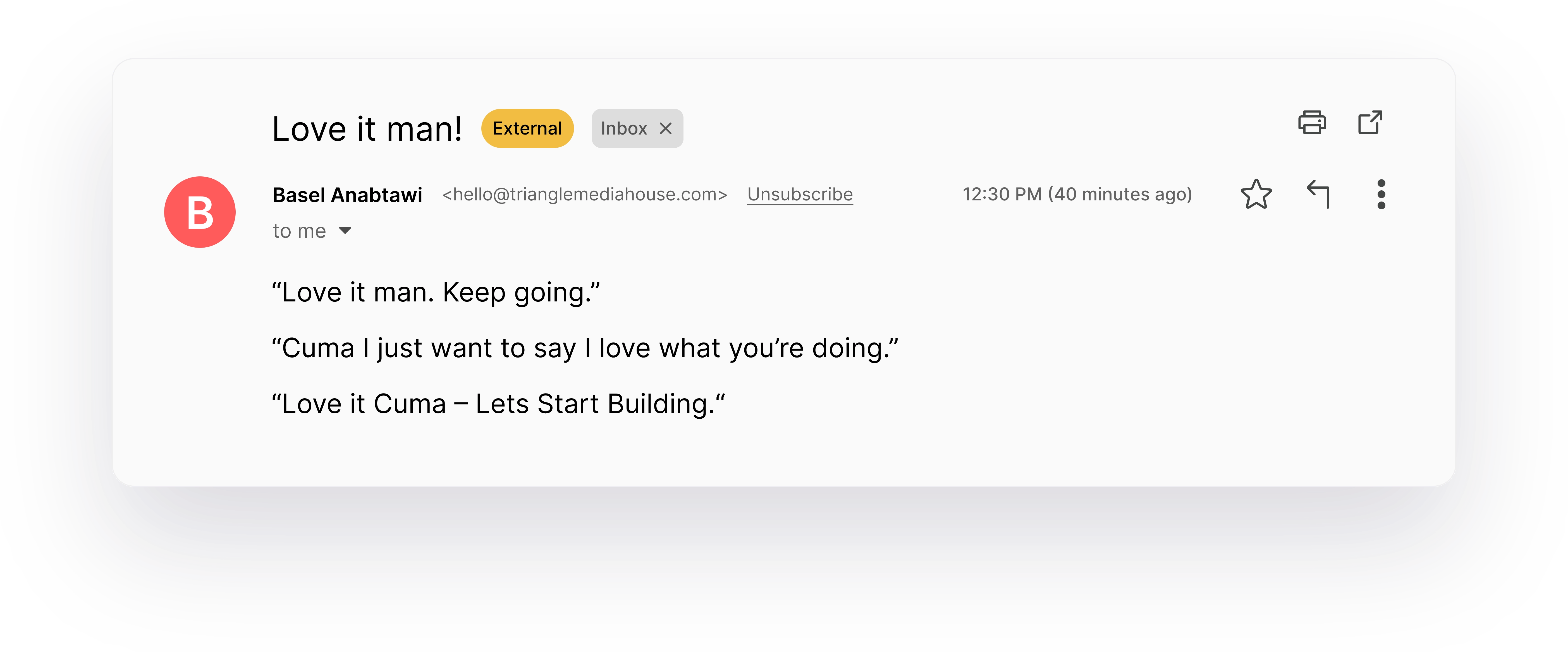 Email interface showing a client's reaction message from the Triangle Media House website.