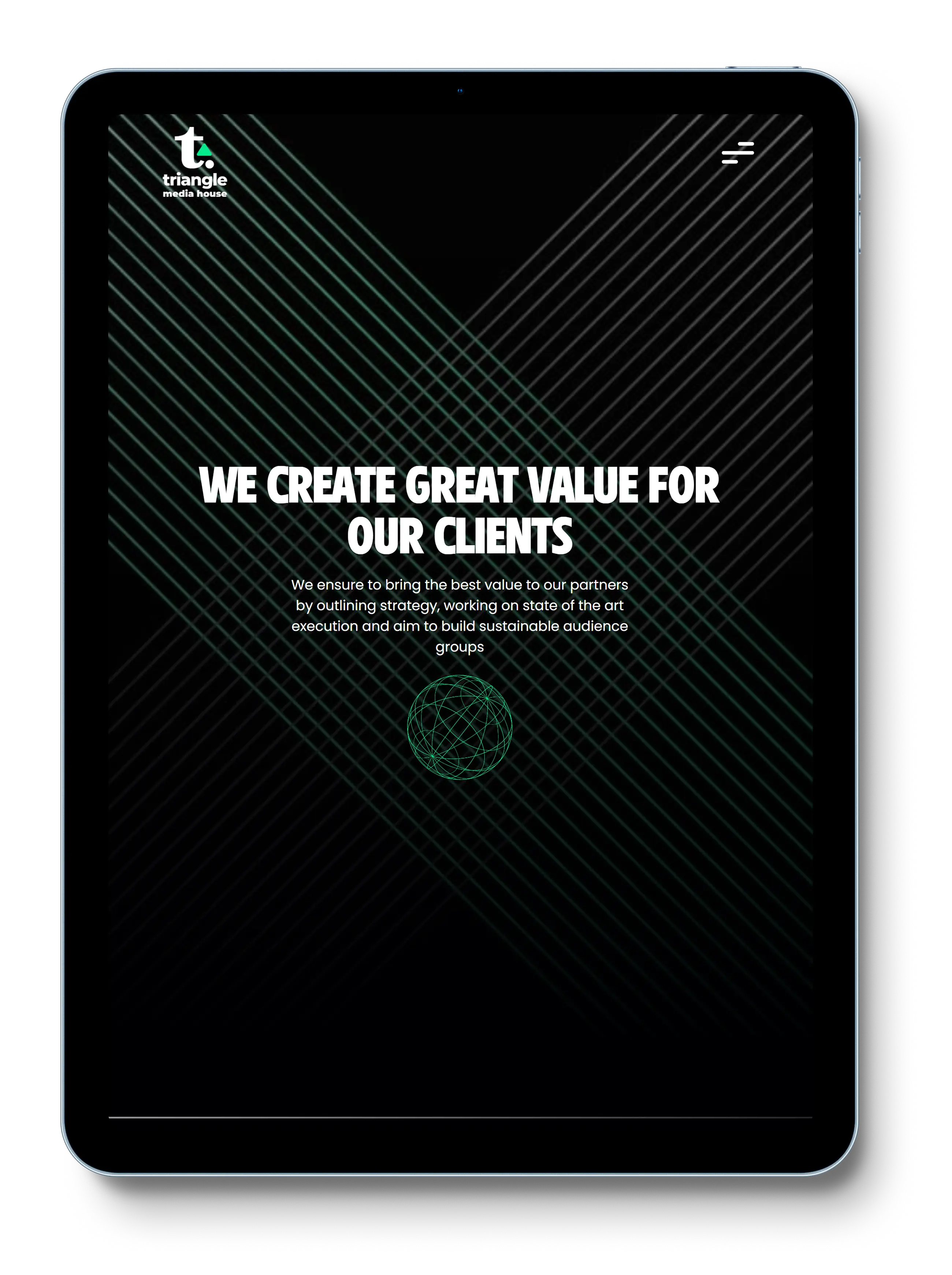 Website homepage showcasing the tablet version of the Triangle Media House website